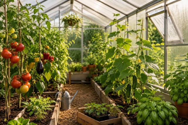 Plants de légumes cultivés sous serre avec rangs bien aérés