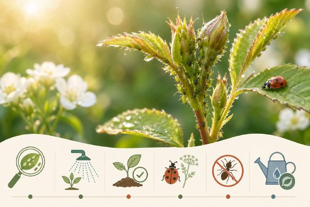 Colonie de pucerons sur une jeune pousse au jardin