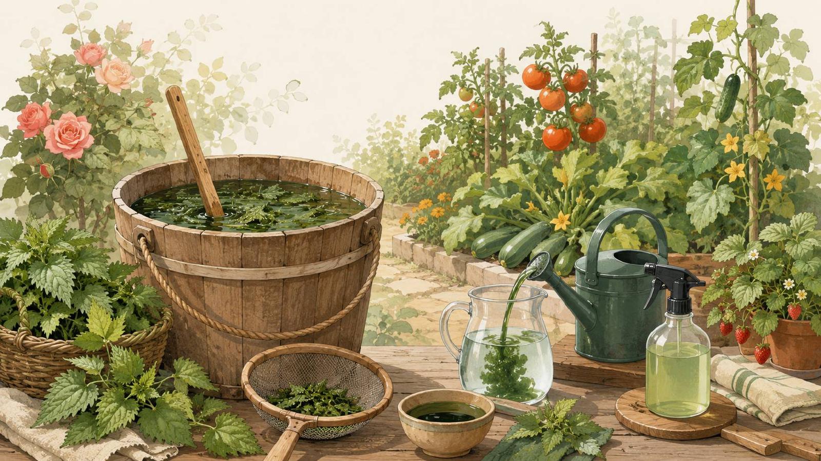 Préparation de purin d’ortie dans un seau au jardin