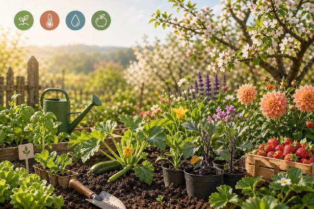 Potager de printemps avec jeunes plants, fruitiers en fleurs et massif ornemental