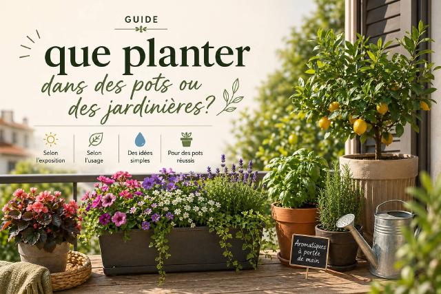 Jardinières fleuries et pots d’aromatiques sur une terrasse lumineuse