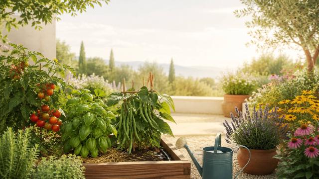 Plantations d'été avec tomates, basilic et fleurs en plein soleil