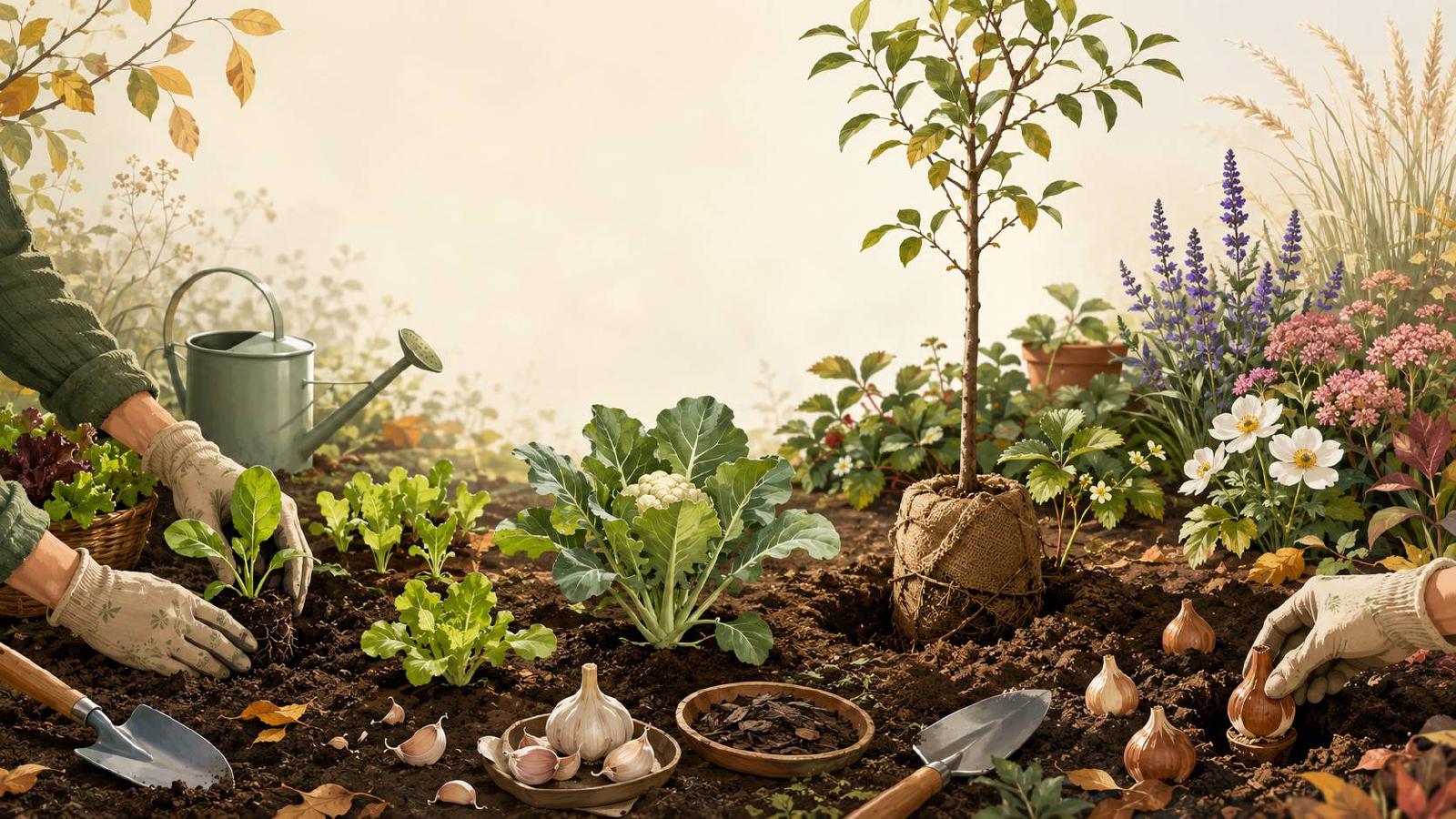 Plantations de septembre au potager et au jardin avec jeunes plants et outils