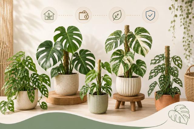 Plusieurs variétés de Monstera en pots pour comparer formats et feuillages