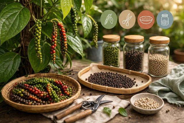 Grappes de baies de poivrier prêtes à être récoltées