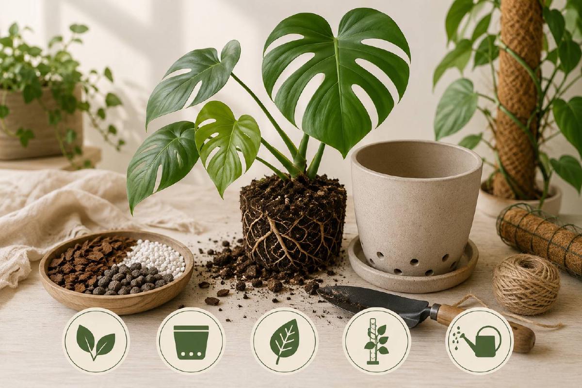 Rempotage d'un monstera dans un pot percé avec substrat aéré