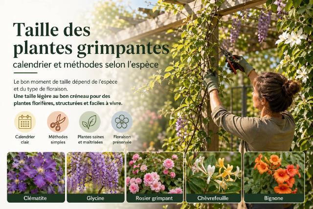 Taille de plantes grimpantes palissées sur une pergola au jardin