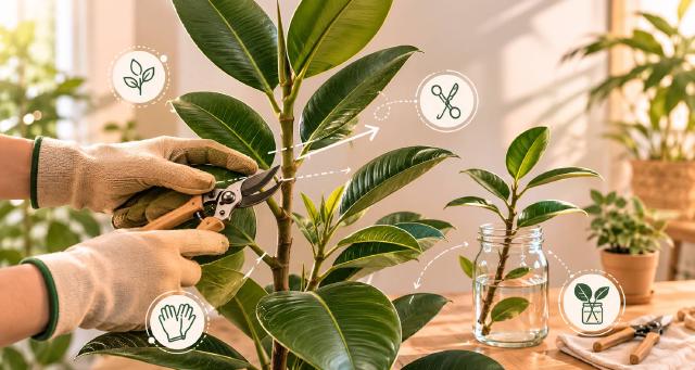 Ficus elastica taillé proprement pour favoriser la ramification