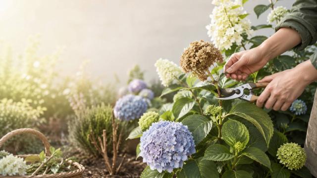 Main taillant un hortensia au sécateur dans un massif