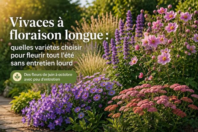 Massif de vivaces colorées en floraison estivale dans un jardin ensoleillé